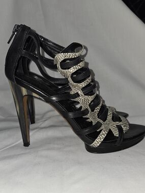 luxury rebel Black and Beige Snake-Print Strappy Stiletto Sandals